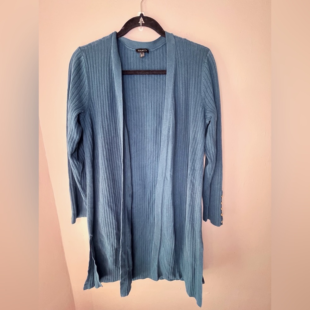 Talbots Teal Duster Open Front Cardigan Ribbed Stretch Women’s Size Medium